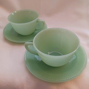 Vintage Anchor Hocking Fire King 2 Ribbed Tea and Saucer Sets Made in USA